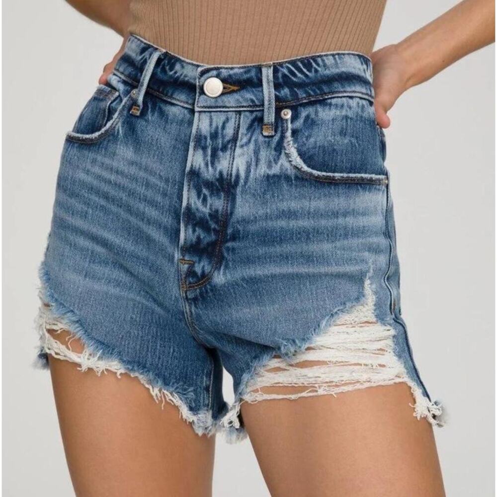 Good American Bombshell Cut Off Shorts 4/27 Denim Jean Distressed Torn High Rise